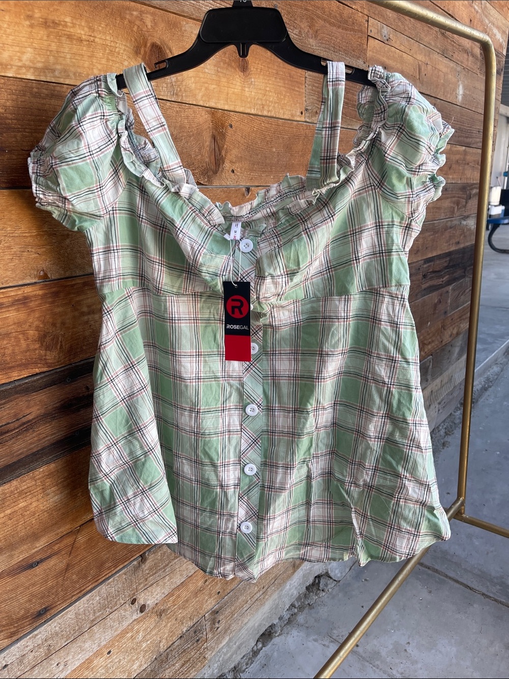 Rosegal Mint Plaid Ruffle-Trim Button Front Top